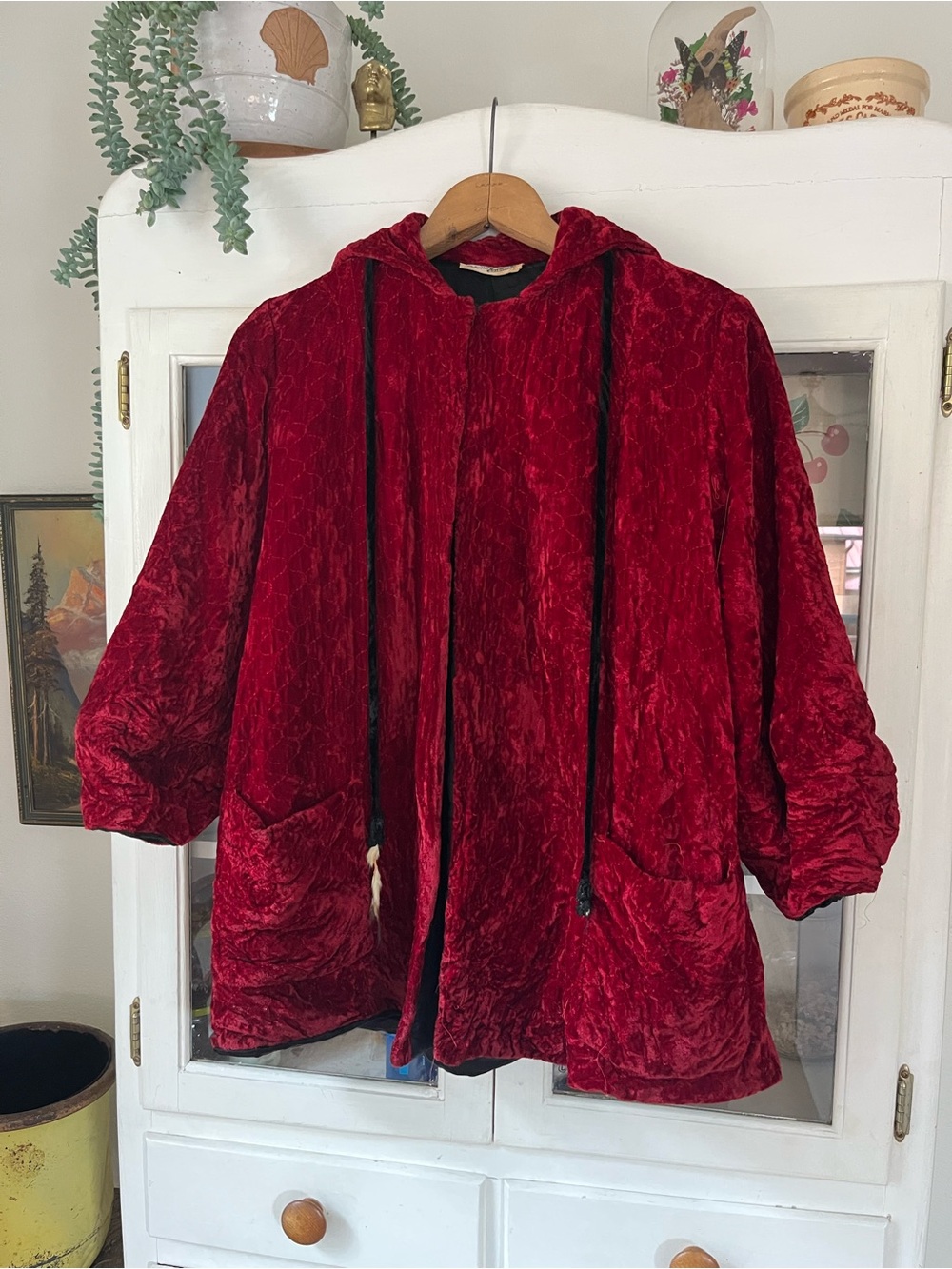 Vintage Art Deco 30s 40s Gatsby Red Velvet Smoking Kimono Cape Jacket S/M